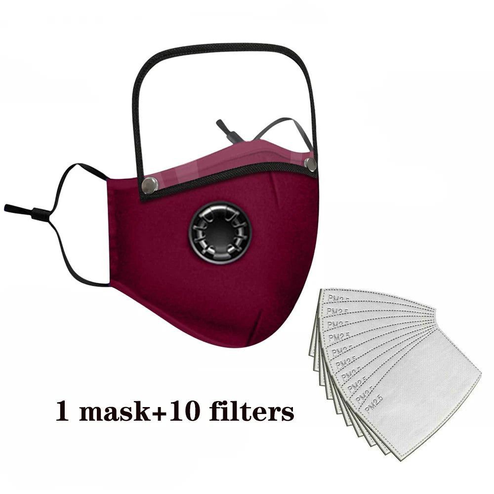 Reusable Washable Face Masks with10 Replaceable Pm2.5 Filter Mouth Mask Dust Windproof Cotton Valve Respirator with Goggles Mask