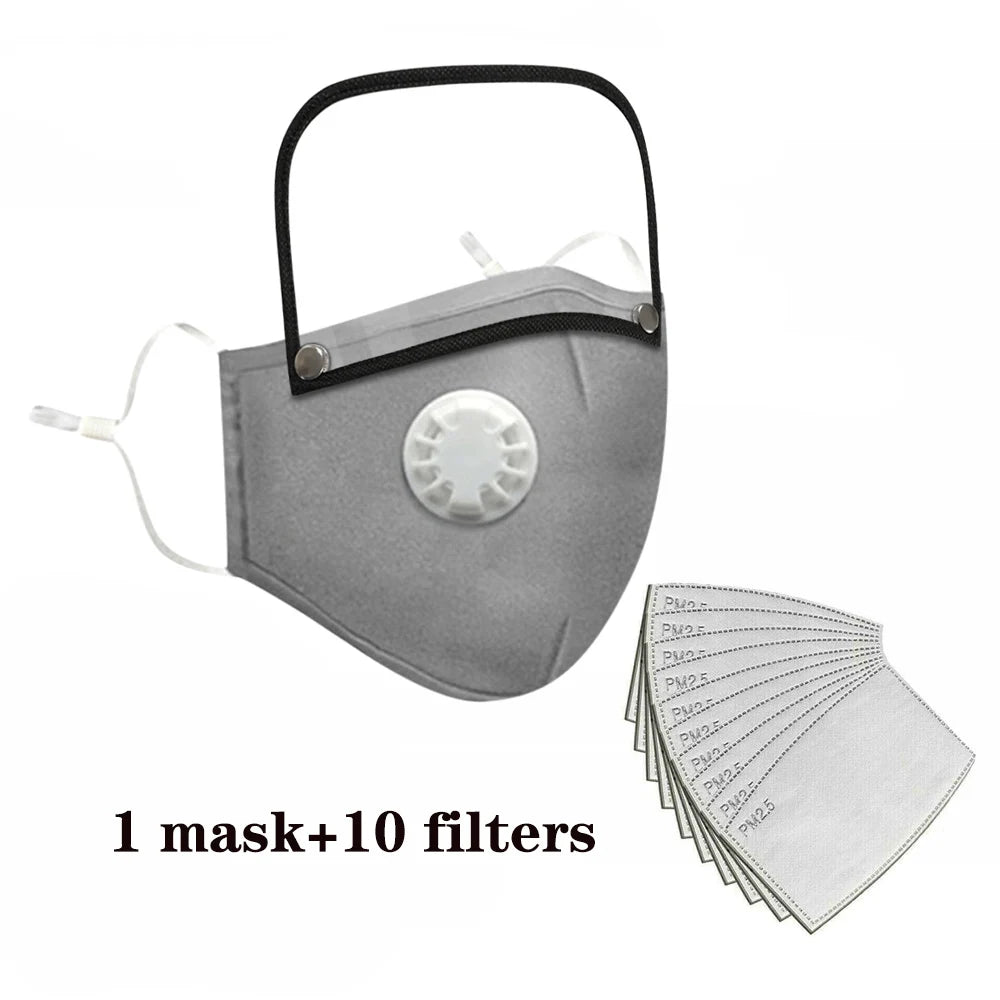 Reusable Washable Face Masks with10 Replaceable Pm2.5 Filter Mouth Mask Dust Windproof Cotton Valve Respirator with Goggles Mask