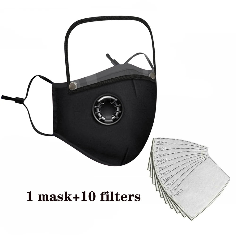 Reusable Washable Face Masks with10 Replaceable Pm2.5 Filter Mouth Mask Dust Windproof Cotton Valve Respirator with Goggles Mask