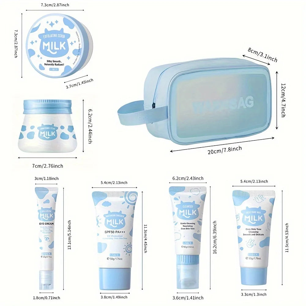 7PCS Milk Skin Care Set Moisturizing Hydration Body Beauty Facial Cleanser Body Scrub Hand Wax Eye Cream Sunscreen Storage Bag