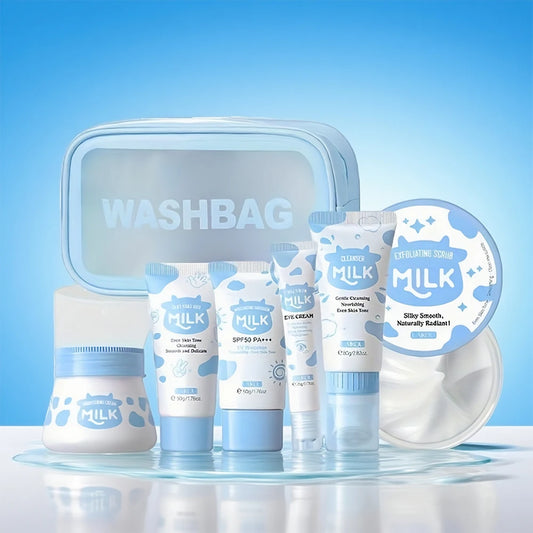 7PCS Milk Skin Care Set Moisturizing Hydration Body Beauty Facial Cleanser Body Scrub Hand Wax Eye Cream Sunscreen Storage Bag