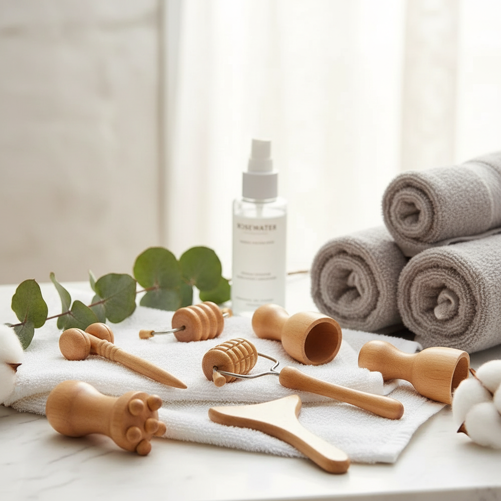 Spa setting with wooden massage tools