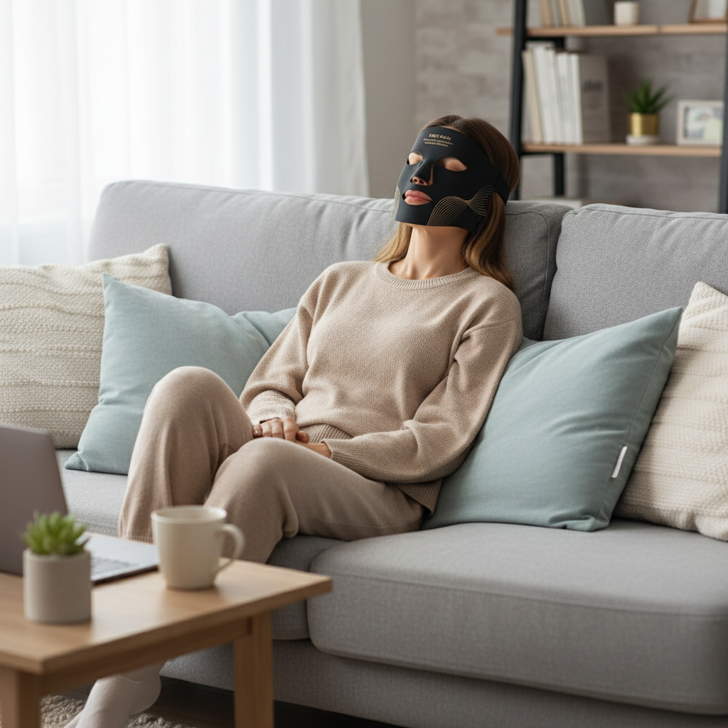 Woman on Couch with Mask